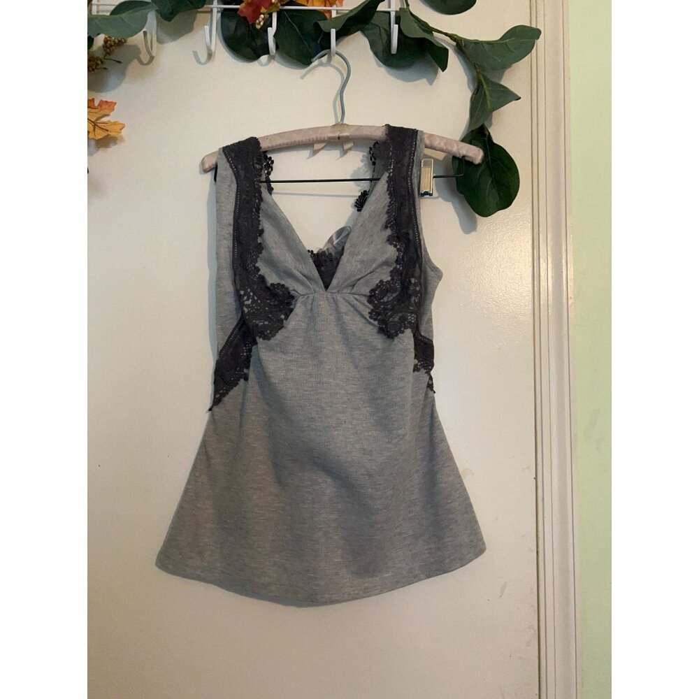 Anthropologie One September Women's V-Neck Lace Trim Cami Tank Top Gray/Black Si